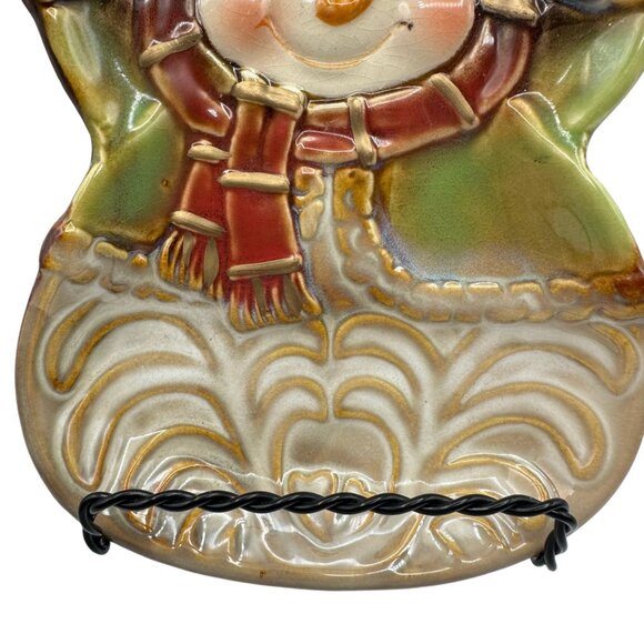 Christmas Snowman Candy Dish Plate Ceramic Pottery Trinket Holly Scarf Green Red - Picture 6 of 6